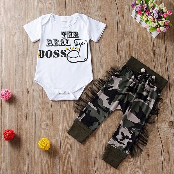 

малыш девушка детская одежда письмо с коротким рукавом комбинезон камуфляж брюки наряды повседневный мода детские лето комплект девочки одеж, White