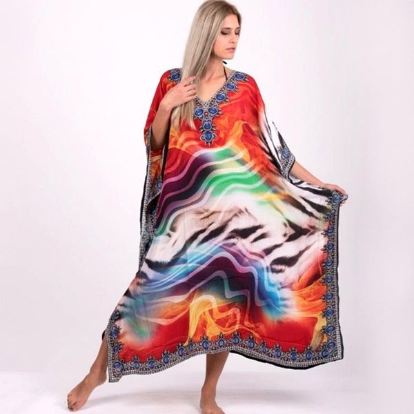

cover-ups overszie bohemian print maxi dress cotton mujer bikini cover up tunic 2021 robe de plage sarong v neck loose batwing sleeve dres
