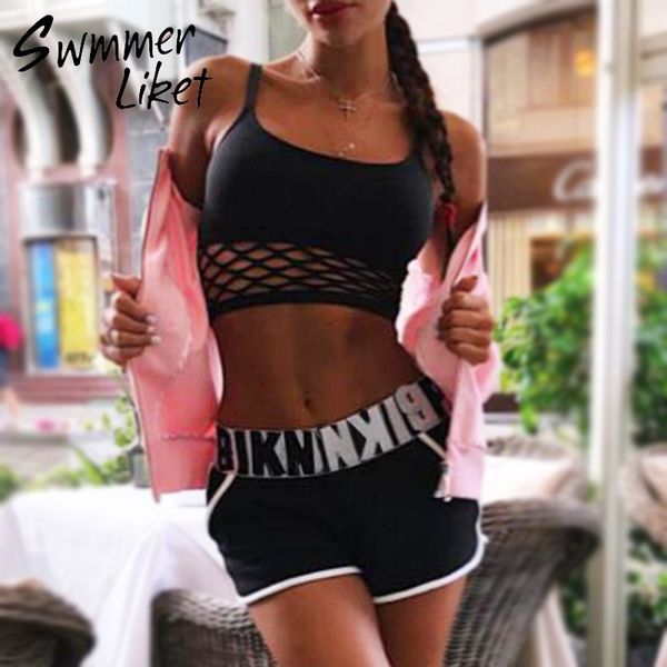 

high waist mesh bikini 2019 sports swimwear women bathers bandeau black swimsuit female bathing suit letter two-piece suit new