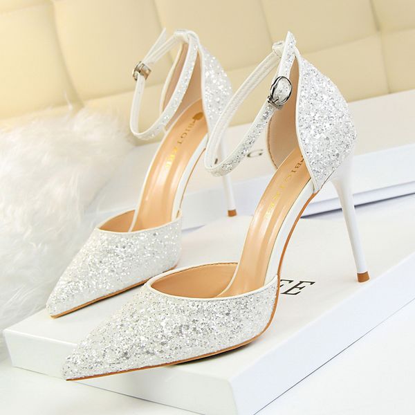 

2020 new summer women ankle strap sandals high thin heel pointed toe bling bridal wedding women shoes gold ladies sandals, Black