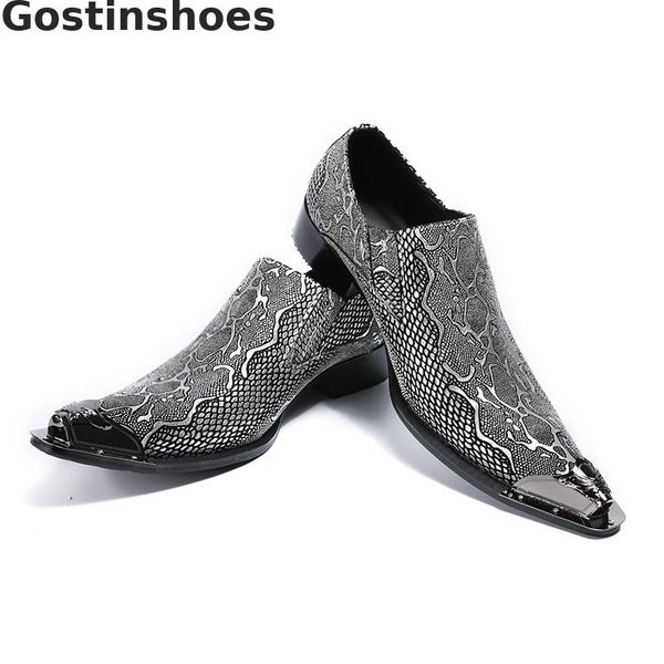 

men leather shoes genuine leather snakeskin pattern printed metal capped toe men loafers casual shoes for party wedding, Black