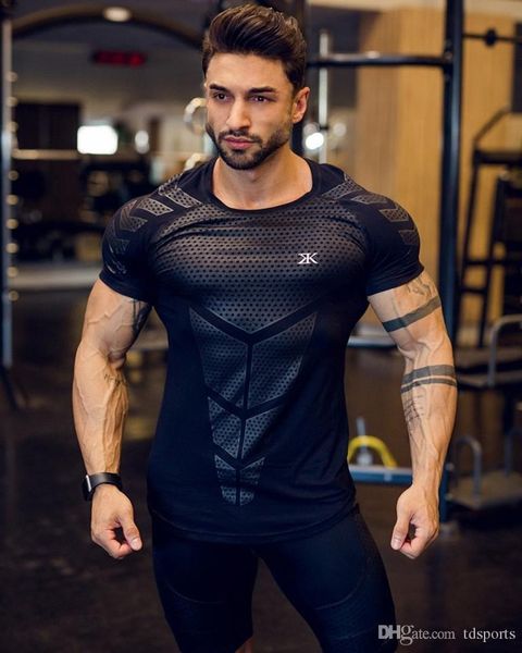 

gym clothing new men sport t shirt fashional quality fitness mens compression short sleeve bodybuilding tight quick drying, White;black