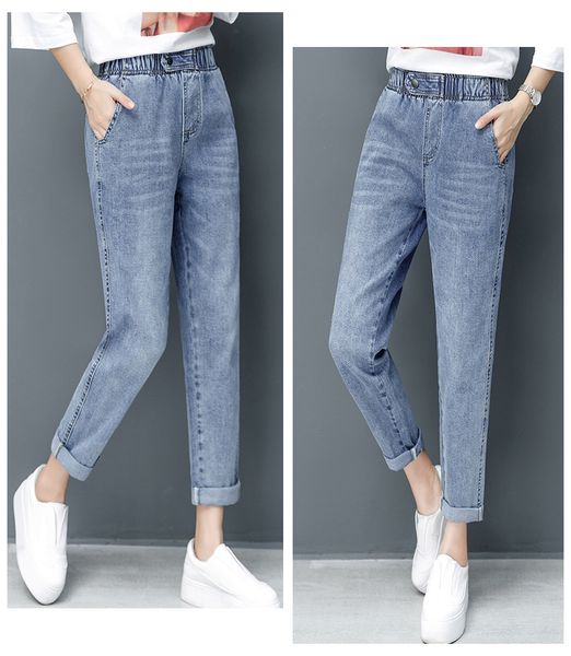 

light blue early autumn new easing straight leg elastic waist high fashion
