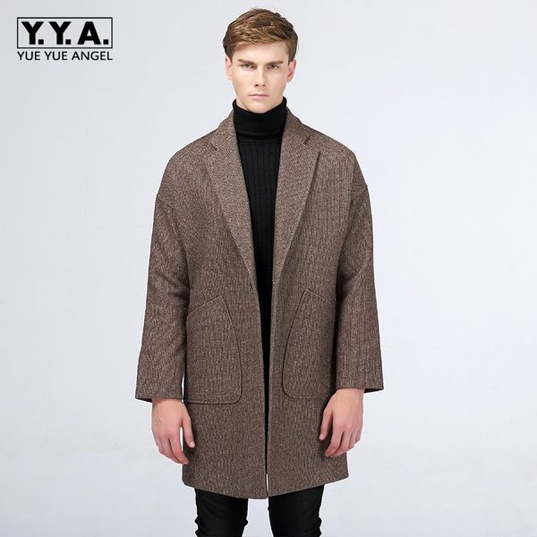 

mens falling shoulder single button medium length windbreaker fashion slim wool blends casual lapel casaco masculino, Black