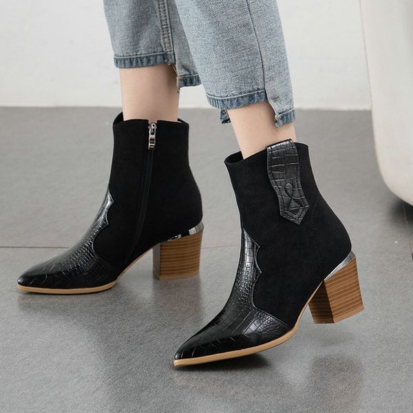 

black white fashion ankle boots autumn women boots pu leather square high heel western pointed toe zipper winter shoes