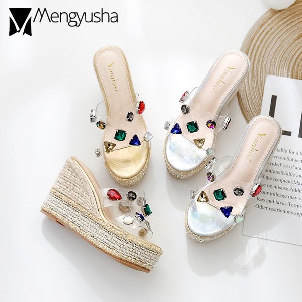 

sandals rhinestone transparent women high platform wedges slippers clear band slides pearl beads muffins straw knit sandalias, Black