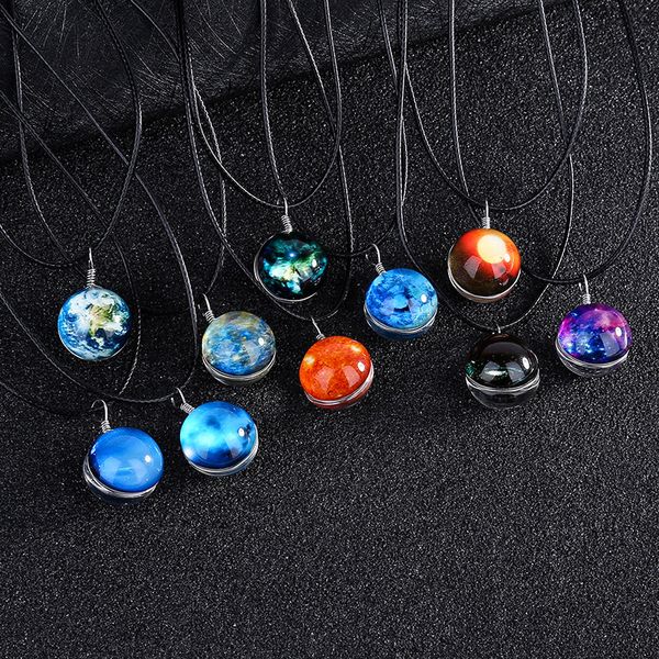 Neue Weltraum Starry Dreamy Halskette Doppel Glas Ball Edelstein Anhänger Wachs Seil Leder Ketten für Frauen Mode Schmuck Geschenk
