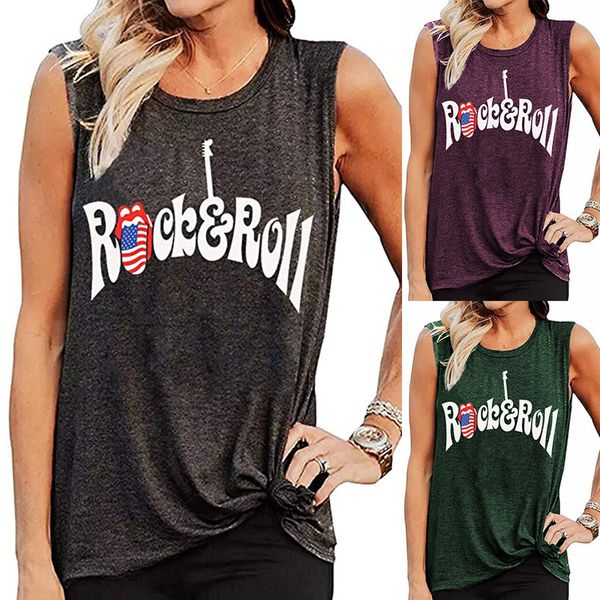 

vest rock roll letters print round neck sleeveless t-shirt, White