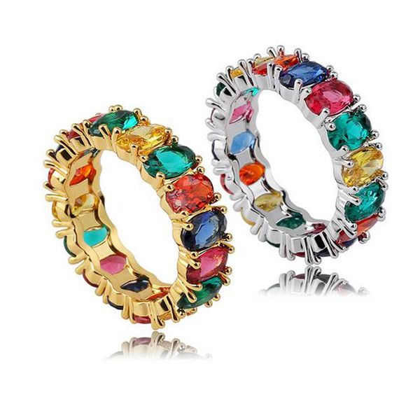 Anelli arcobaleno placcato oro 18 carati 360 Eternity Bling Anelli con zirconi cubici Micro pavé di diamanti Anello hip-hop di piccole dimensioni per uomo e donna