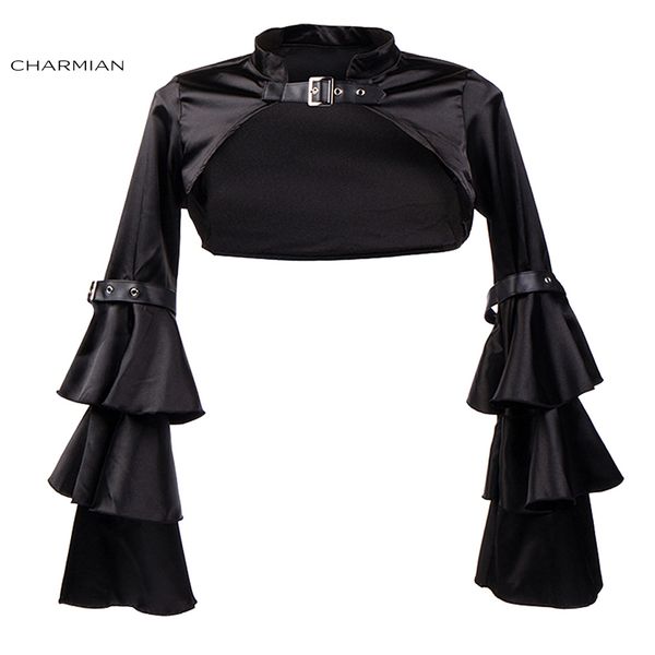 

charmian women's steampunk corset jacket medieval victorian retro gothic black shrug bolero long butterfly sleeve clothing, Black;white
