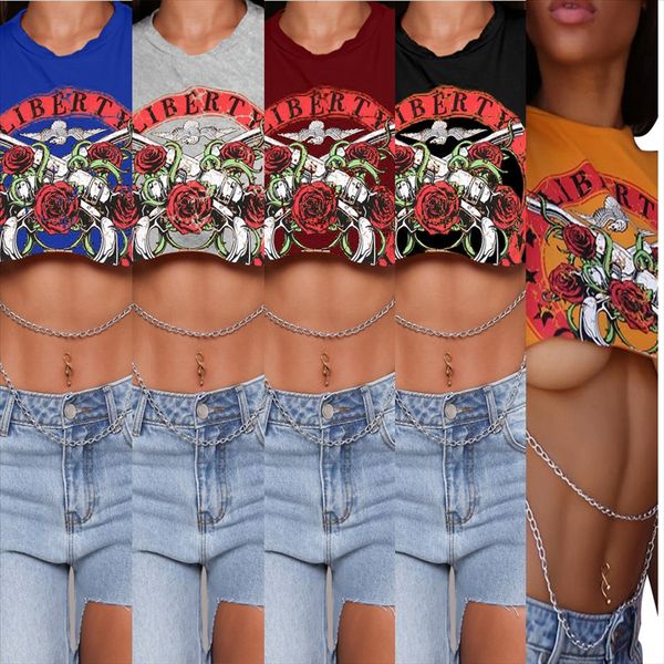 

gun rose printing sleeveless navel ultra short body chain t-shirt gun rose printing sleeveless navel ultra short body chain se, White