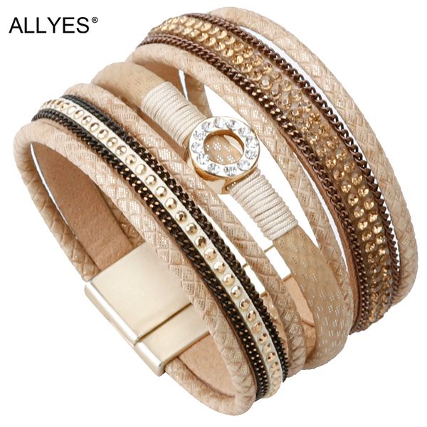 

allyes ethnic wrap bracelets & bangles jewelry rhinestone crystal metal charm wide multilayer pu leather bracelet for women, Golden;silver