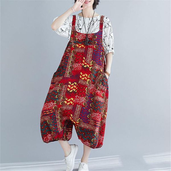

women boho rompers korean wide leg plus size jumpsuits summer suspenders ethnic printing overalls sarouel femme, Black;white