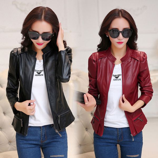 

autumn leather jacket women casual long sleeve faux short coat fashion mosaic plus size pu bomber jacket femininas, Black
