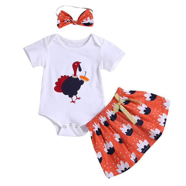 

kids thanksgiving turkey costume long sleeve turkey printed + skirt + bow headband clothing set infant thanksgiving clothing set, White