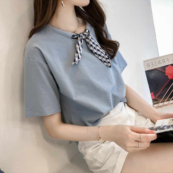 

summer 2020 tie bowknot round collar diamond t- diamond short sleeve half sleeve t-shirt base shirt, White