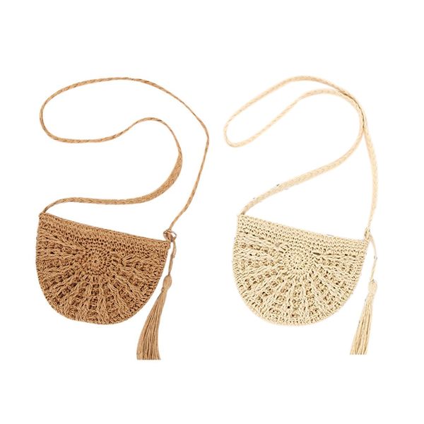 

new-2 pcs straw crossbody bag women weave shoulder bag round summer beach purse and handbags (beige) & (khaki
