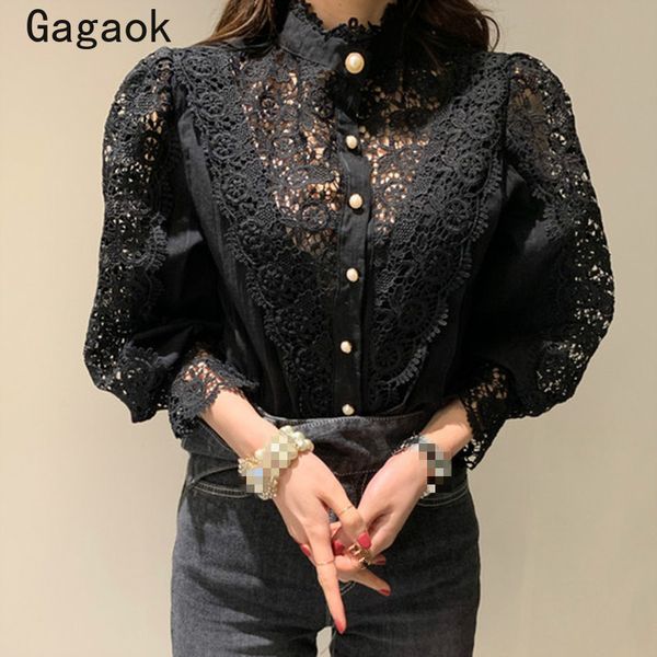 

gagaok женщин старинные кружева блузка 2020 весна новый твердый стенд puff рукавом кнопка тонкий шикарный сексуальный дикий женский мода кор, White