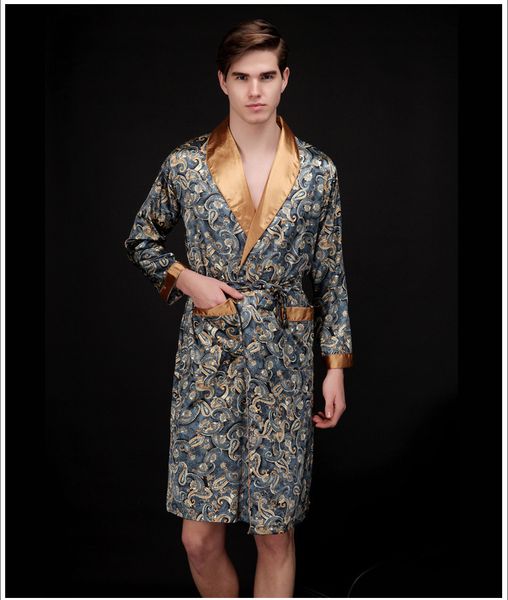 

men's nightgowns faux silk robes pyjamas gentlemen's homewear bathrobes male long sleeve satin sleepwear lounges nightwear, Black;brown