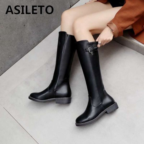 

asileto knee high boots for women lady riding boots block low heels black slip on shoes work booties big size 43