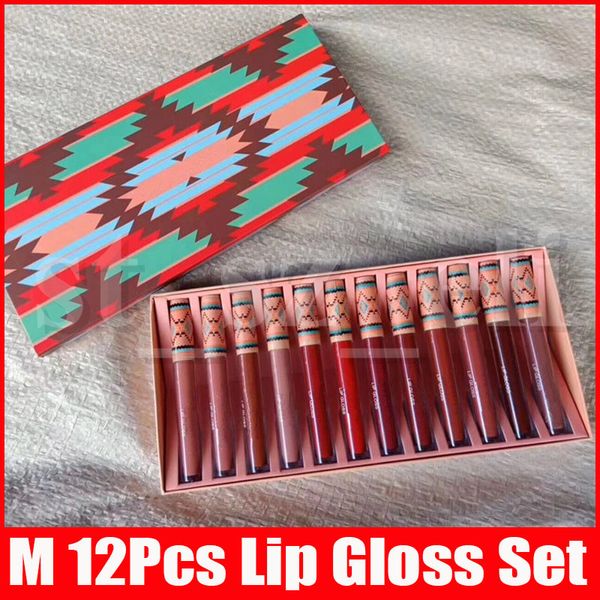 

M Макияж губ Коллекция Christmas Жидкая губная помада Set Matte Lipstick 12 цветов LipKit 12шт / набор Блеск для губ Блеск для губ