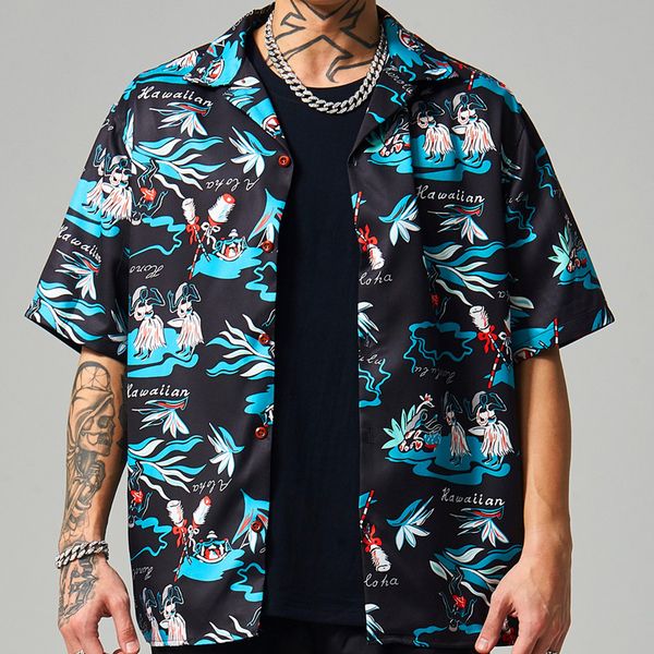 

men's casual shirts shirt short sleeve fashion street hula full print oversize hawaiian beach men, White;black