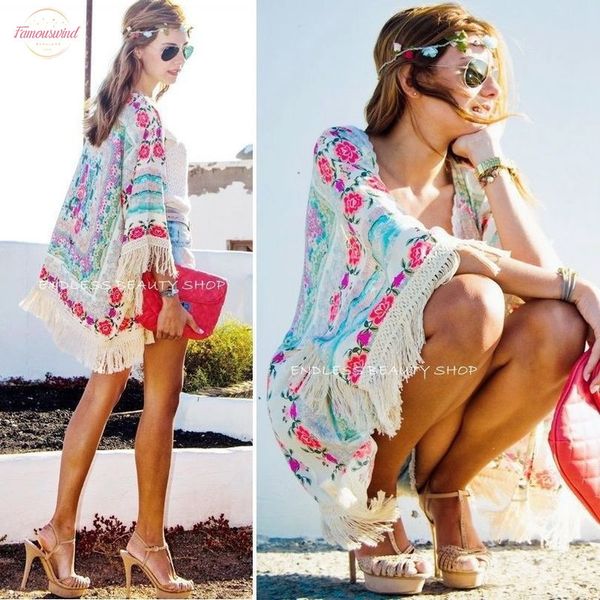 

женская одежда новая мода женщины boho бахрома цветочные кимоно кардиган кисточки пляж прикрыть накидка куртка, White