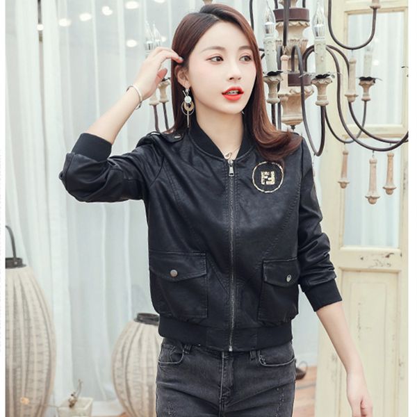 

2019 женская кожаная куртка pu мотоцикл кожаная куртка, Black