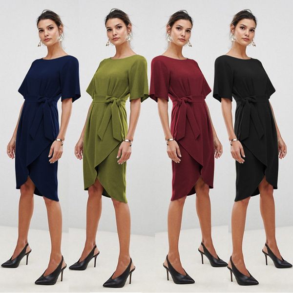 

2019 new style fashion women casual short sleeve sashes zipper solid elegant office irregular knee length dress, Black;gray