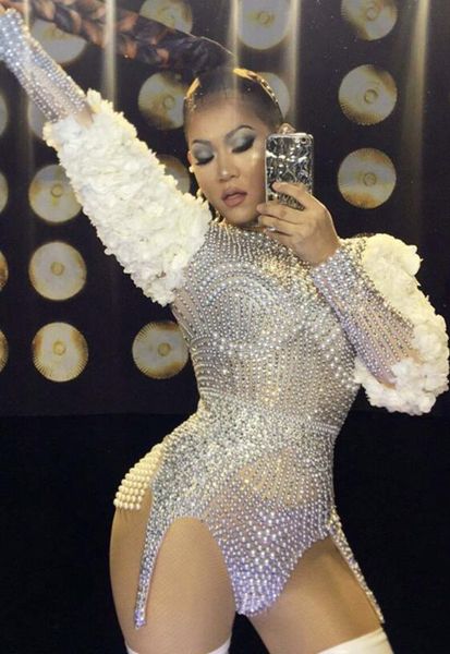 

super pearls rhinestones flower bodysuit performance female singer leotard stage wear birthday dance wear stretch outfit, Black;white