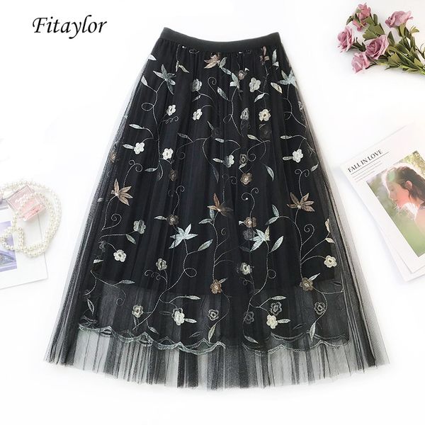 

fitaylor spring lace skirt women high waist embroidery tulle skirt black pink sweet fashion female floral print pleated skirts