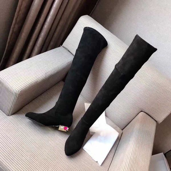 

pearl heel crown over knee boots thigh high pointed toe stretch slip on waterproof sheepskin soft breathable boots size 34-40, Black