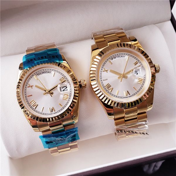 

Couple Watch Gold Strap Roman Num Mens Women Watch Sweep Automatic Movement Mechanical DayDate Stainess Sapphire Solid Clasp