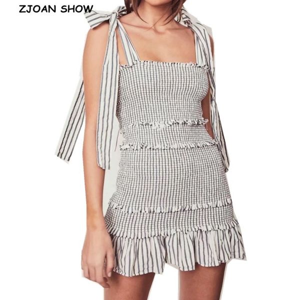 

2020 bow tie spaghetti strap striped mini short dress women elastic ruched lacing up party dresses ruffles hem, Black;pink