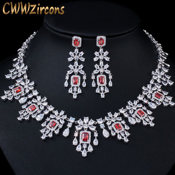 

cwwzircons shiny cubic zircon big round drop red necklace earrings jewelry sets for brides wedding prom dress accessories t361, Slivery;golden