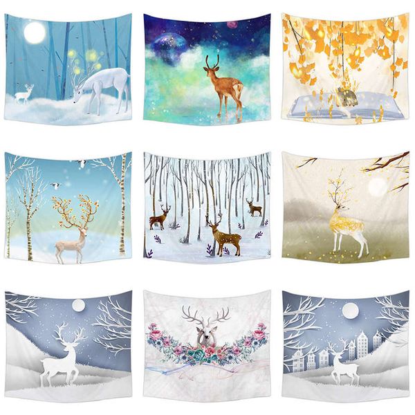 

мультфильм зимний пейзаж elk большой размер 150см x200cm крытый гобелен открытый кемпинг коврик пляжные полотенца и платки украшения дома