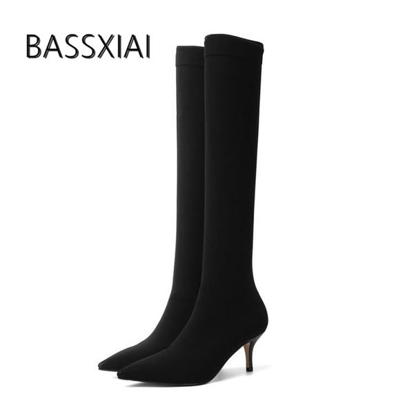 

2019 knitting sock boots women point toe black stretch over the knee boots woman party shoes