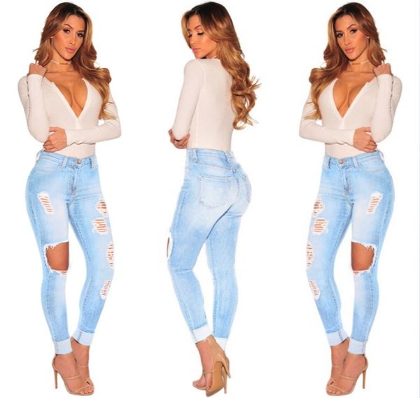 

fashion holes jeans trousers woman casual solid color pants plus size, Blue