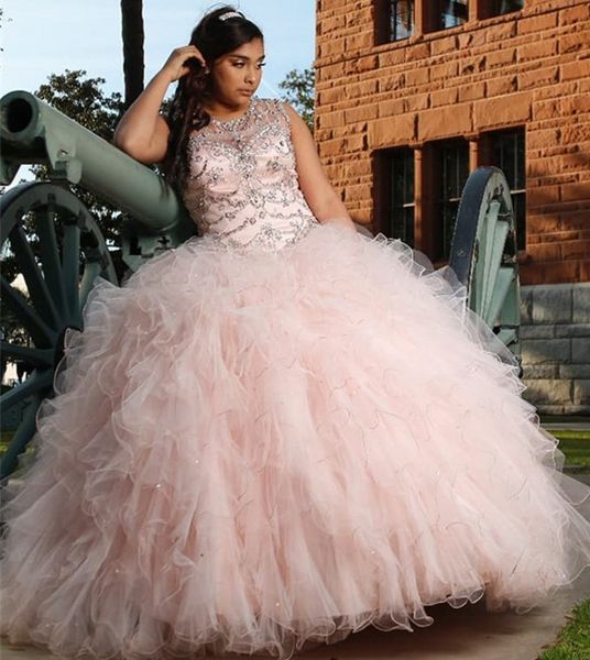 

amazing pink ball gown quinceanera dresses rhinstones crystals beaded ruched layer ruffles long evening prom gowns junior sweet 15 vestidos, Blue;red