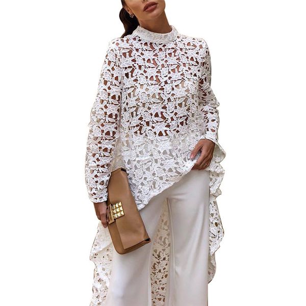 

lace hollow out asymmetric women and blouse casual loose long sleeve white shirts 2020 half collar elegant streetwears