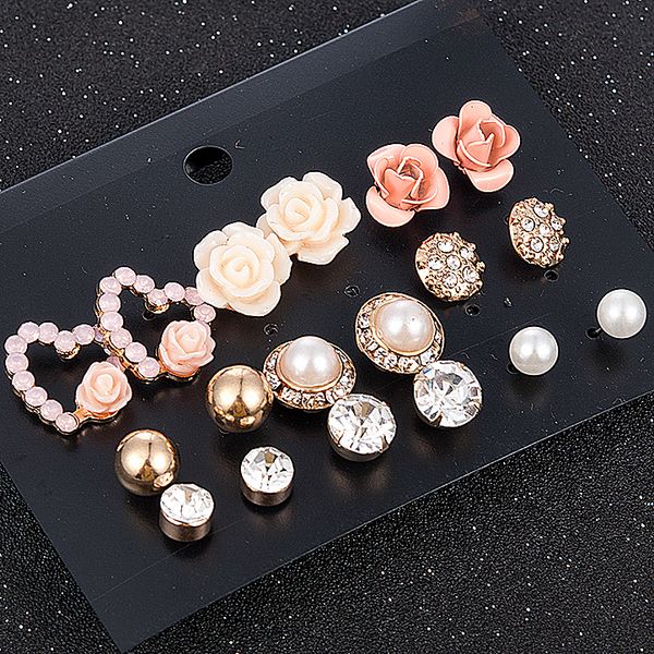 

2019 new fashion women 9pair/set flower pearl alloy ear earring cute crystal wedding jewelry gifts for girl korean fashion, Silver