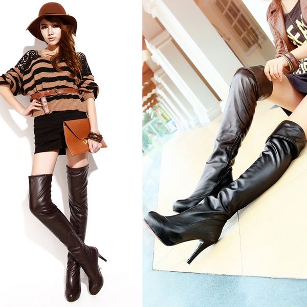 

spring and autumn elastic stovepipe over-the-knee gaotong boots female pointed toe stiletto side zipper boots with a single, Black