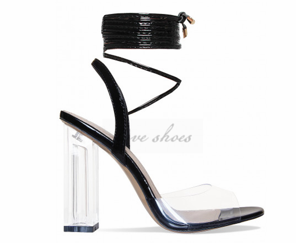 

trendy patent lace up clear heels women stiletto high heels sandals, Black