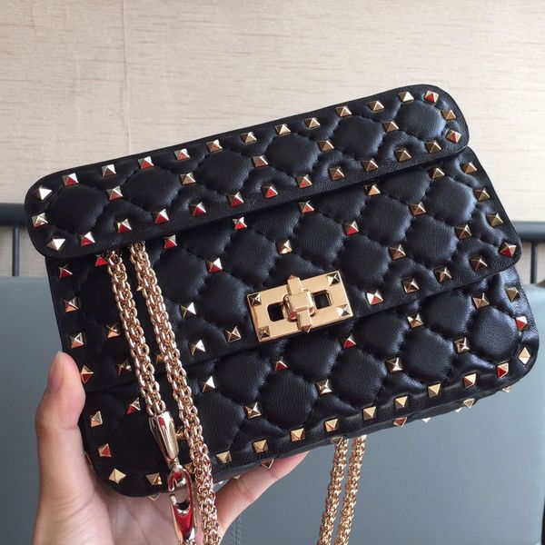 

sheepskin women bag high pack leather purses gold rivet quality fashion nails series chain crossbody genuine chain wallets handbags qrqix, Red;black