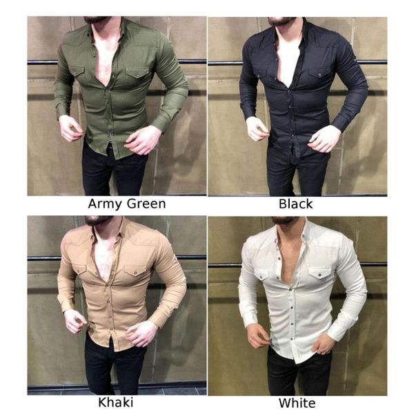 

2020 new men men's casual slim lapel muscle shirt solid long sleeve single-breasted plus size, White;black