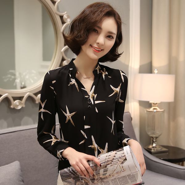 

2020 spring new style women's dress korean-style printed v-neck long sleeve chiffon shirt slimming slim fit, White