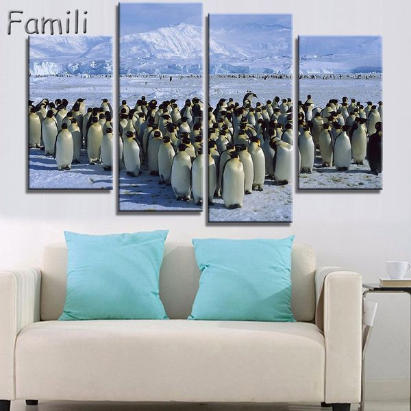 

4 panel real canvas painting 5 pieces canvas wall art penguin painting on bright pictures for living room