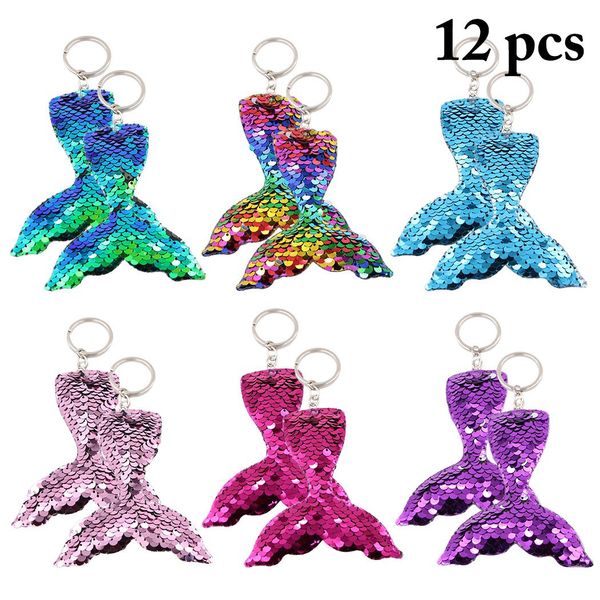 

12pcs colorful sequins mermaid tail keychain charms paillette pendants fish keyring diy mermaid key chain jewelry accessories, Slivery;golden