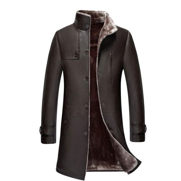 

plus size 5xl men single-breasted long trench coat leather winter warm fur lining jackets outerwear parka, Black