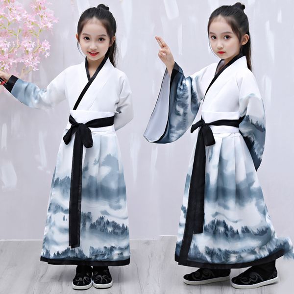 

ink print hanfu dress boy girl traditional chinese tang dynasty folk dance costumes festival outfits children stage wear dn4938, Black;red